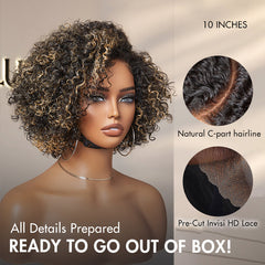 1 SEC INSTALL WIG | Honey Blonde Highlight / Natural Black Kinky Curly Glueless Minimalist HD Lace Classic Short Wig Pre-Cut Lace