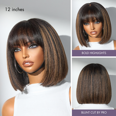 Tiktok Exclusive Deal | Put On and Go Realistic Glueless Yaki Straight Bob with Bangs Minimalist Lace Wig 100% Human Hair