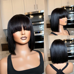 Exclusive Discount | Put On and Go Realistic Glueless Yaki Straight Bob With Bangs Minimalist HD Lace Wig 100% Human Hair