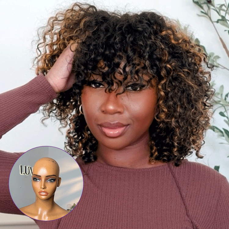 Weekly Special | 1 SEC INSTALL WIG | Brown Highlight Water Wave Natural Scalp Glueless Minimalist Lace Short Curly Wig with Bangs