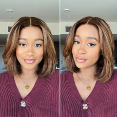 Blonde Highlight / Brown Highlight Short Layered Bob Wig Glueless 5x5 Closure Pre-Cut Lace Wig