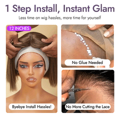 Ash Blonde Highlights Yaki Blunt Cut Bob Wig with Bangs Glueless Minimalist Lace Short Wig Breathable Cap