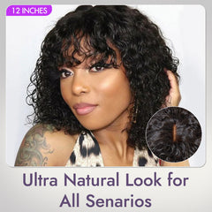 Beginner Friendly Water Wave Minimalist Lace Glueless Short Curly Wig with Bangs