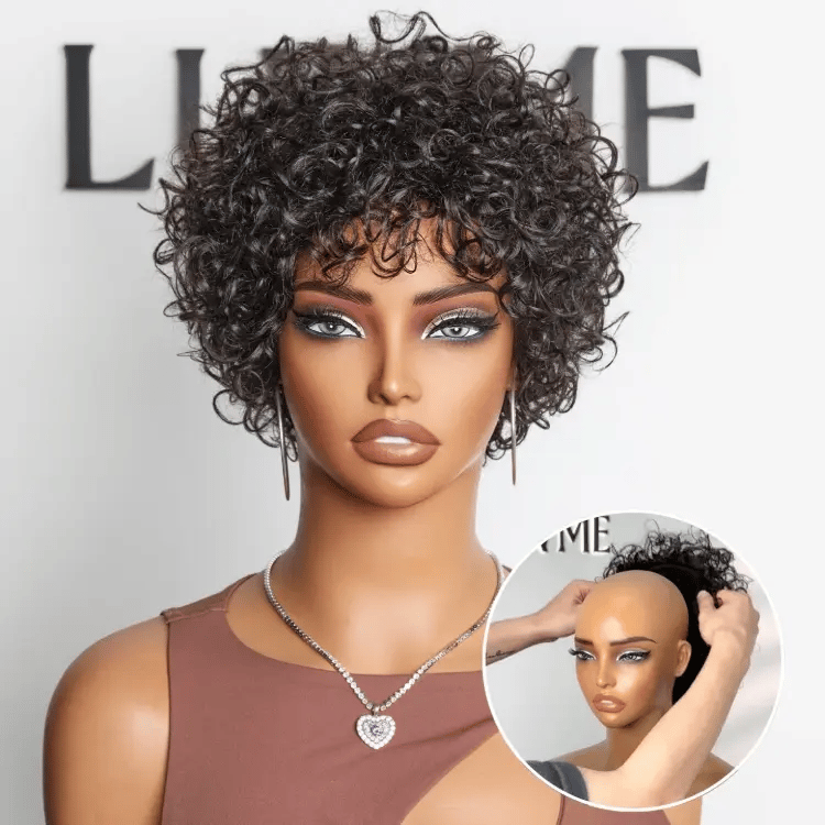 Beginner Friendly Throw On & Go Short Bouncy Curls with Bangs Glueless Wig 100% Human Hair - US Only