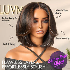 Brown Highlight Silky Short Bob Wig Layered Cut Human Hair Glueless 5x5 Closure Pre-Cut Lace Wig