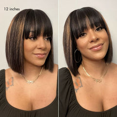 Put On and Go Realistic Glueless Yaki Straight Bob with Bangs Minimalist Lace Wig 100% Human Hair