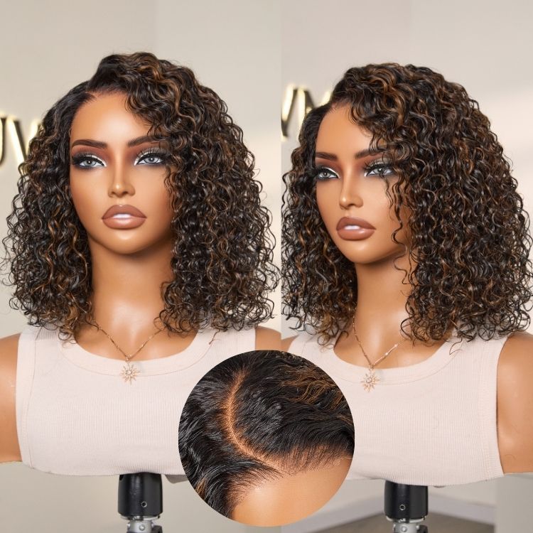 Wet and Wavy Brown Highlight Glueless 5x5 Closure Pre-Cut Lace Water Wave Wig