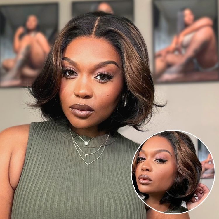 Brown Highlight Silky Short Bob Wig Layered Cut Human Hair Glueless 5x5 Closure Pre-Cut Lace Wig