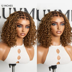 Readitress™ Ombre Brown Highlight Boho Braids Deep Curly Glueless 5x5 Closure Lace with Braided Top Human Hair Wig Pre-Cut Lace