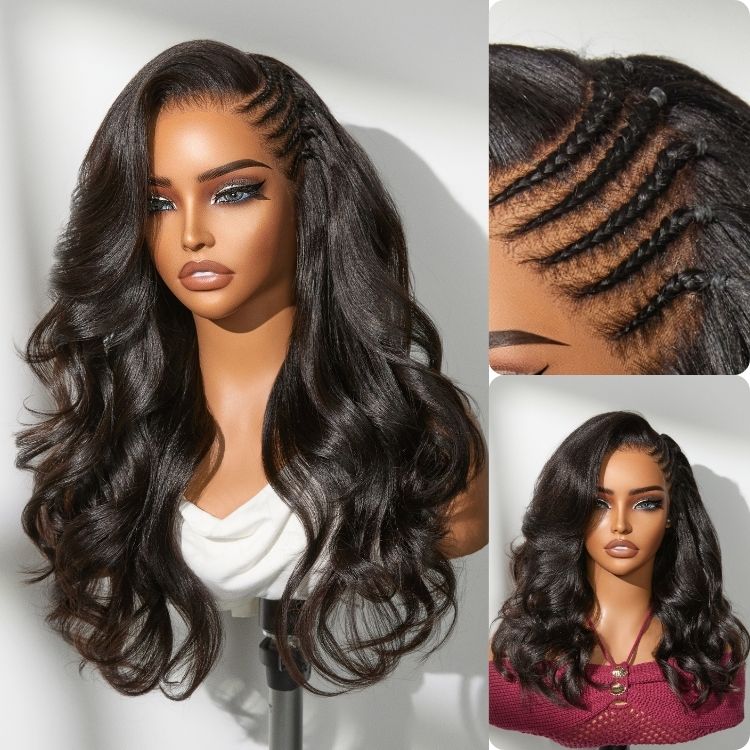 Readitress™ Side Braided Yaki Body Wave Glueless Ear-to-ear 13x6 Frontal HD Lace Wig Human Hair Flexi-Fit Drawstring Cap