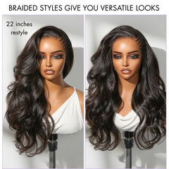 Readitress™ Side Braided Yaki Body Wave Glueless Ear-to-ear 13x6 Frontal HD Lace Wig Human Hair Flexi-Fit Drawstring Cap
