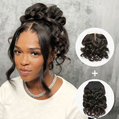 Body Wave Updo Hairpiece with Clip-In 5x5 Lace Closure Bangs and Drawstring Ponytail Quick & Easy