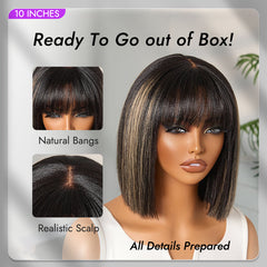 Put On and Go Blonde Highlight Yaki Straight Blunt Cut Bob Glueless Minimalist Lace Short Wig with Bangs