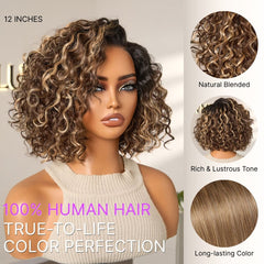 Tiktok Exclusive Deal | Ready to Go Blonde Highlight / Natural Black Water Wave Short Curly Bob Wig Glueless Minimalist HD Lace Wig Pre-Cut Lace