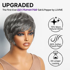 Salt & Pepper 100% Human Hair Short Pixie Cut Glueless Wig with Bangs Ultra Comfort Skin-Like Soft Care Hair Loss Friendly