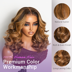 Sun-Kissed Warm Tone Brown with Blonde Highlights 180% Density Loose Wave Glueless 5x5 Closure Lace Wig Pre-Cut Lace