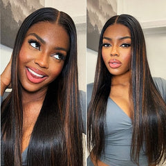 22 Inches=$159 | PreMax Wigs | Brown Highlight Silky Straight Glueless 13x4 Frontal Lace Long Wig Pre-Cut Lace