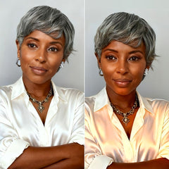 Salt & Pepper 100% Human Hair Short Pixie Cut Glueless Wig with Bangs Ultra Comfort Skin-Like Soft Care Hair Loss Friendly