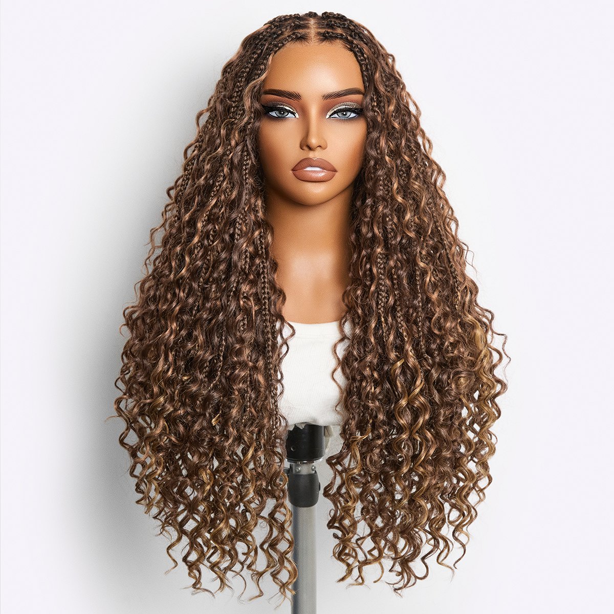 Readitress™ Mix Blonde Light Weight Flexi-Fit Invisi Drawstring Cap HD Full Lace Knotless Boho Curls Braided Long Wig Super Natural Scalp - US Only
