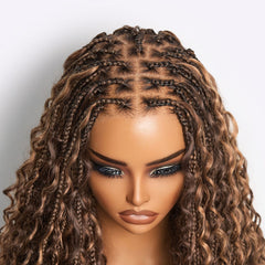 Readitress™ Mix Blonde Light Weight Flexi-Fit Invisi Drawstring Cap HD Full Lace Knotless Boho Curls Braided Long Wig Super Natural Scalp - US Only