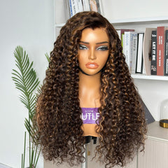 Outlet | Chestnut Brown Highlights Funmi 7x6 Closure HD Lace Long Curly Wig Pre-cut Lace Breathable Cap