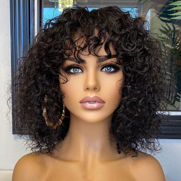 New Customers Only | Beginner Friendly Water Wave Minimalist Lace Glueless Short Curly Wig with Bangs